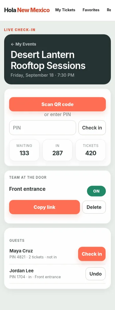Hola New Mexico mobile ticket check-in screen