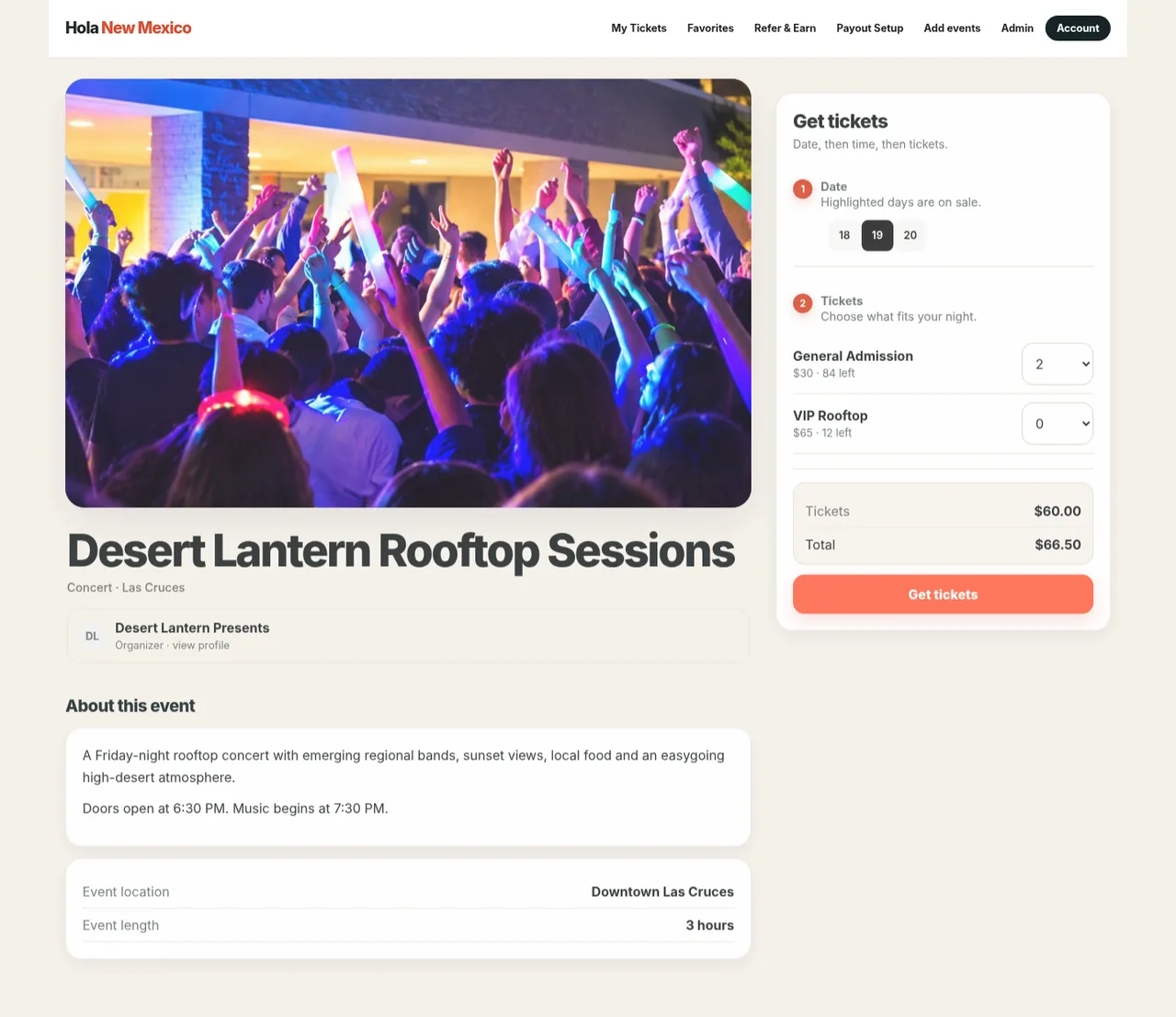 Hola New Mexico event page and ticket checkout