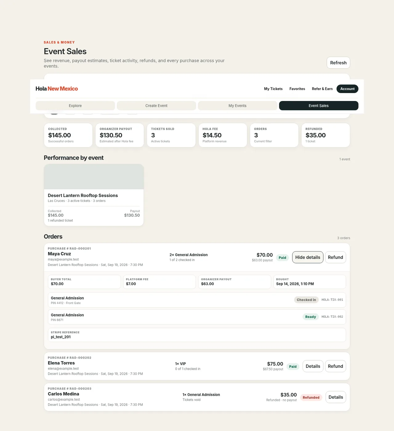 Hola New Mexico Seller event sales dashboard