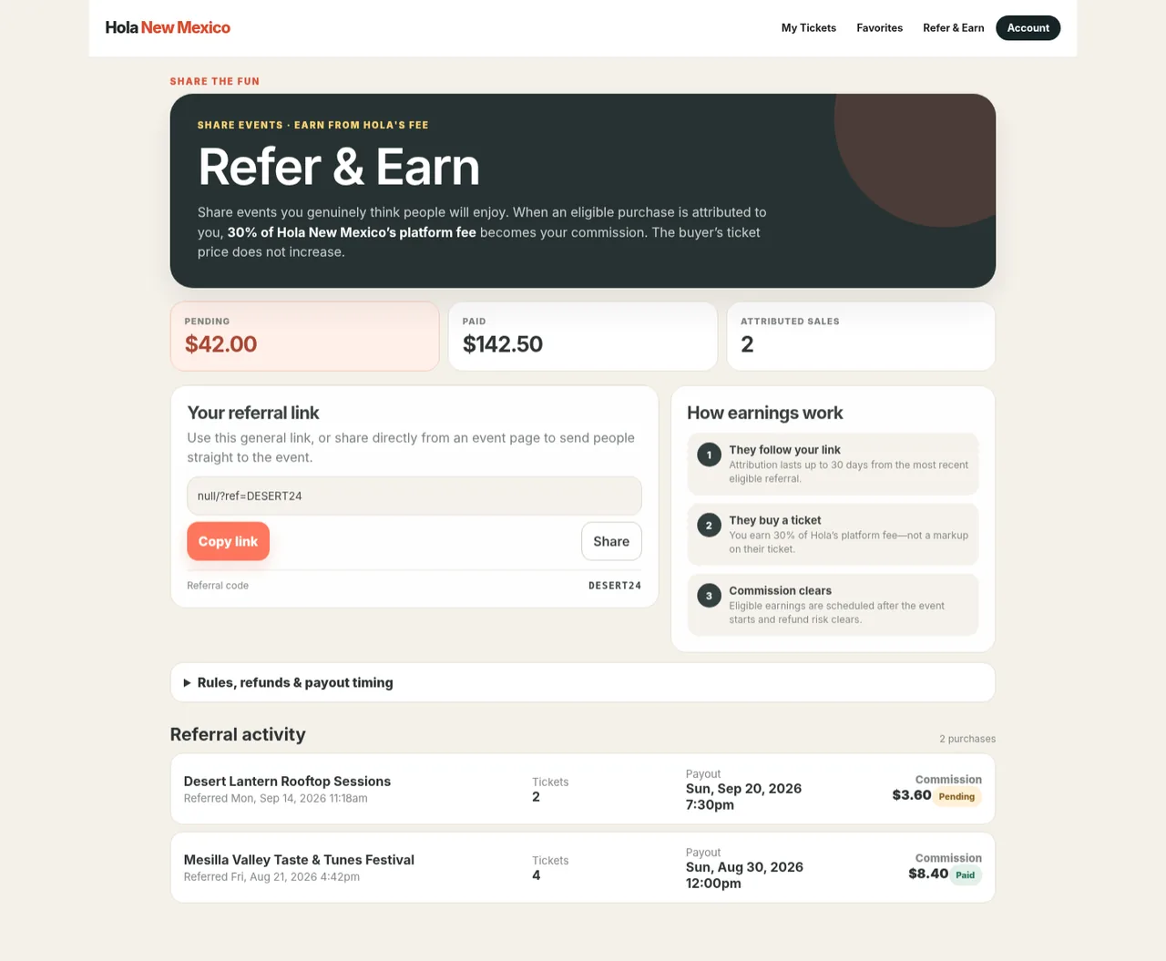 Hola New Mexico Refer and Earn dashboard
